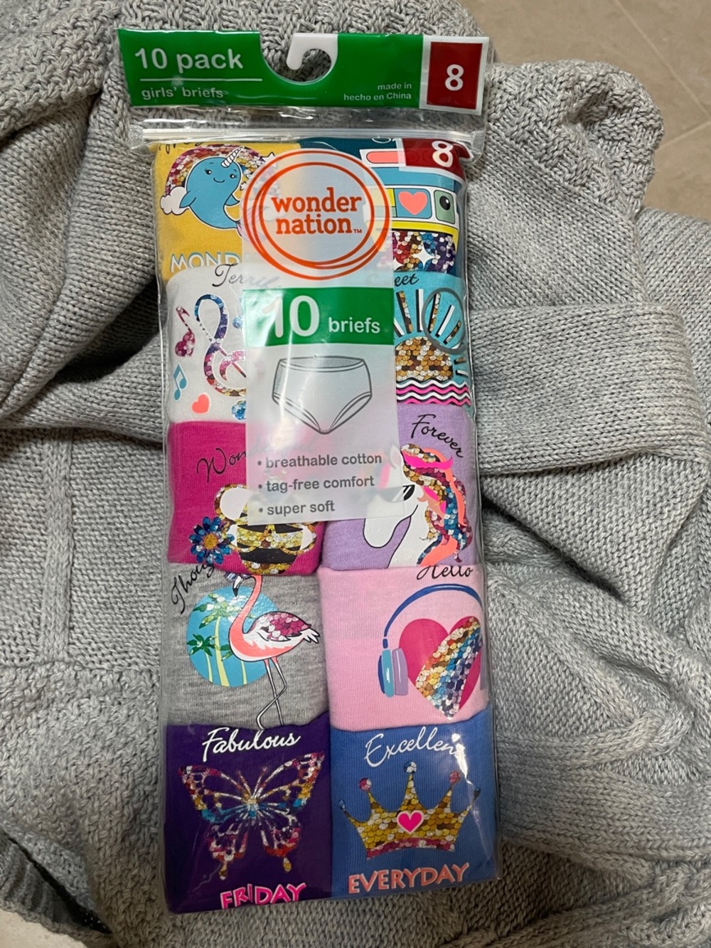 NWT WonderNation Girls 10PK Cotton Brief Underwear Tagless SZ 8 “Days of Week”